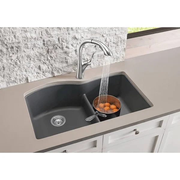 Blanco 441592 Diamond Silgranit Double Bowl Undermount Kitchen Sink with Low Divide - Metallic Gray