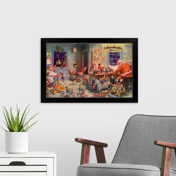 Santa and Elves, Workshop, Black Framed Wall Art, 24x16, Great Big Canvas