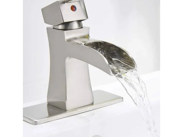 Bathlavish Waterfall Bathroom Faucet Brushed Nickel Sink with Pop Up Drain Vanity Single Hole Lavatory Modern Basin Satin Mixer