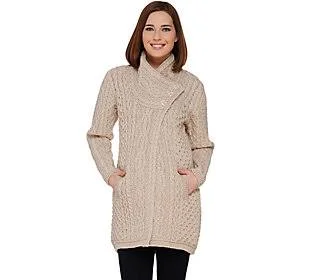 Aran Craft Merino Wool Long Cardigan withButton Collar - Size Small, Parsnip