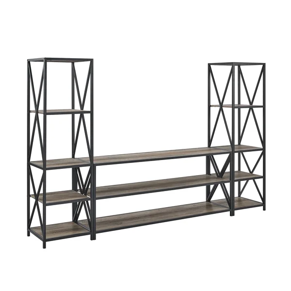 Carbon Loft Hattie 3-Piece X-Frame Entertainment Wall - Rustic Oak - Black Metal