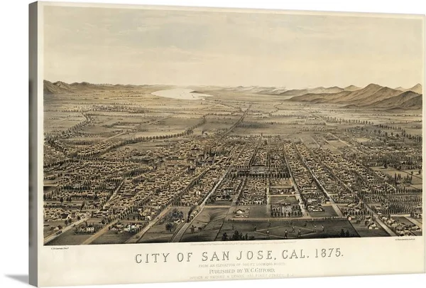 Vintage Birds Eye View Map of San Jose, California, Canvas Wall Art, 30x20, Great Big Canvas
