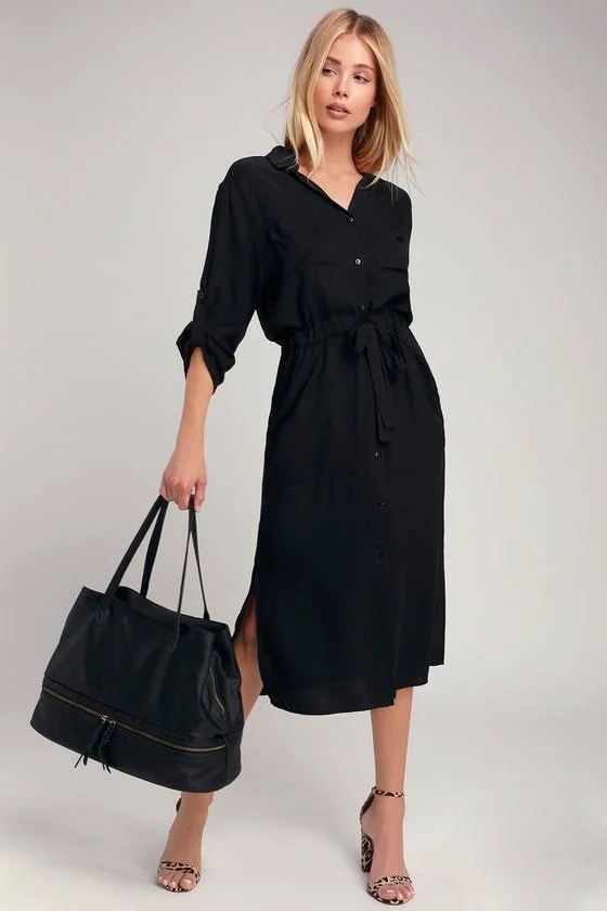 Lulus - Brewer Black Midi Shirt Dress, Size Small, 100% Rayon
