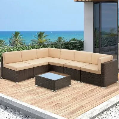 7 Piece Outdoor Sectional Sofa Set with Tea Table and Cushions - Brown Latitude Run