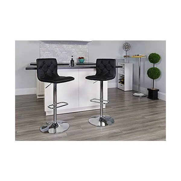 2 Pk. Contemporary Tufted Black Vinyl Adjustable Height Barstool with Chrome Base