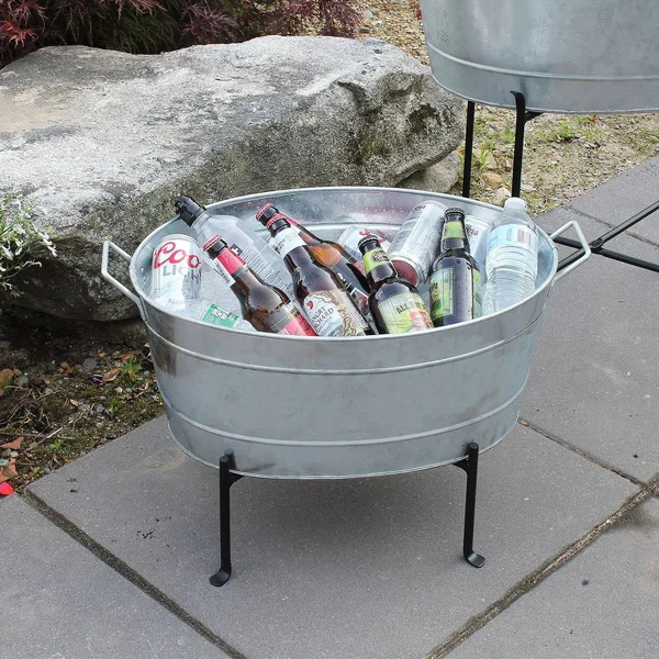 Achla Designs 24 in. W Steel Classic Oval Galvanized Tub with Folding Stand, Black