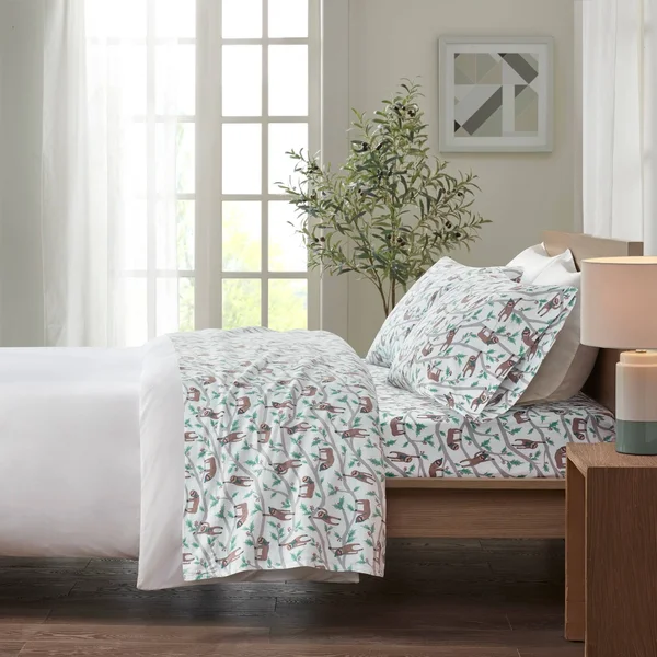 Taylor & Olive Heron Flannel Cotton Bed Sheet Set Multi Sloth Queen