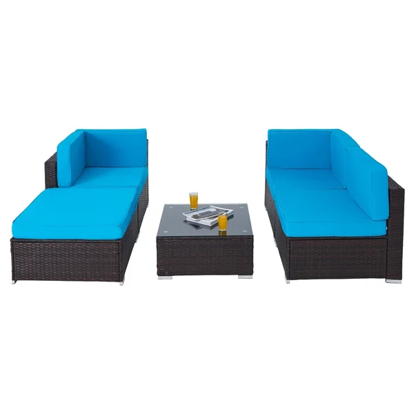 CO-Z 5 Pcs Outdoor Patio Furniture Set, Sectional Sofa, Table - Walnut & Blue, 29.5 x 29.5 x 25 in