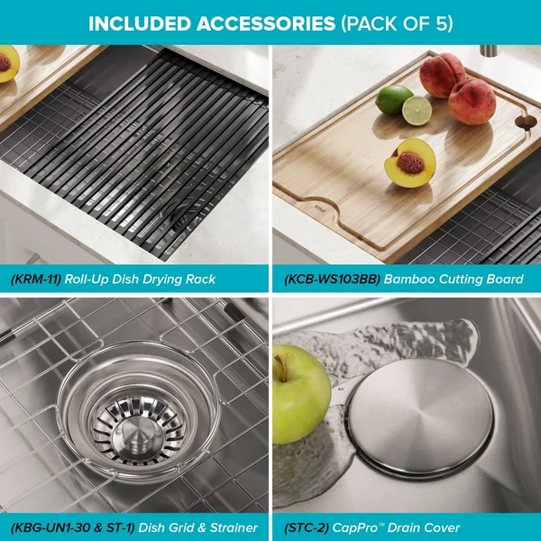 Kraus KWU110-32/5.5 32 inch Kore ADA Workstation Undermount 16 Gauge Stainless Steel Single Bowl Kitchen Sink with Accessories