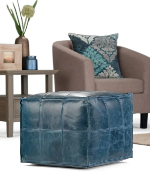 Simpli Home Manning Leather Square Pouf in Teal