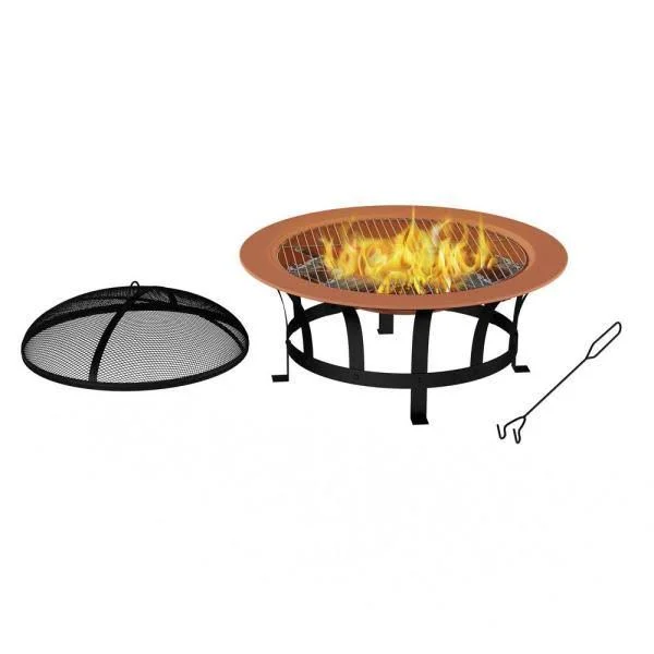 Pure Garden 30 in. W x 20 in. H Round Steel Wood Burning Outdoor Deep Fire Pit in Copper/Black with Grilling Grate - Multi-Colore