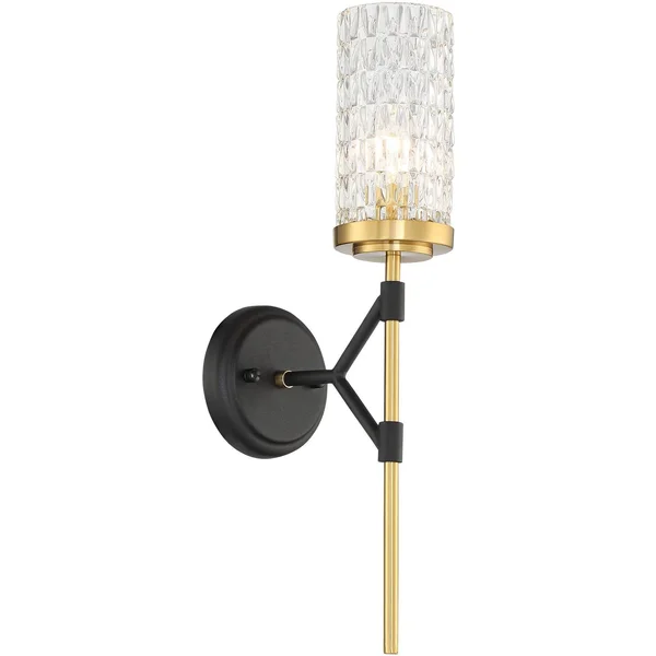 Possini Euro Design Darin Modern Wall Light Sconce Black Brass Hardwired 19x22 High Fixture Faceted Cylindrical Glass for Bedroo