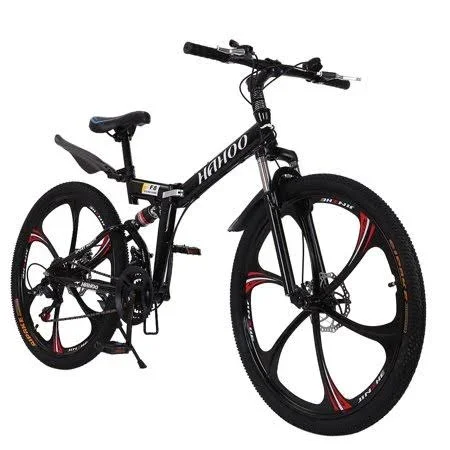 Befoka 26 inch Men's Folding Mountain Bike 21 Speed High-Carbon Steel Bicycle Dual Disc Brakes Full Suspension - Black, Size: One