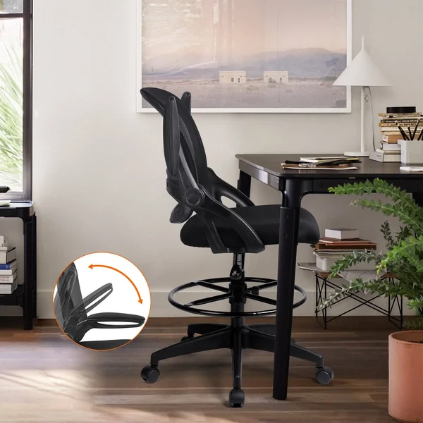 Comhoma Drafting Chair Mid Back Mesh Office Chair with Flip Up Armrests, Black