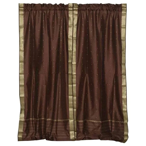 Brown Rod Pocket Sheer Sari Curtain, Drape, Panel - Pair
