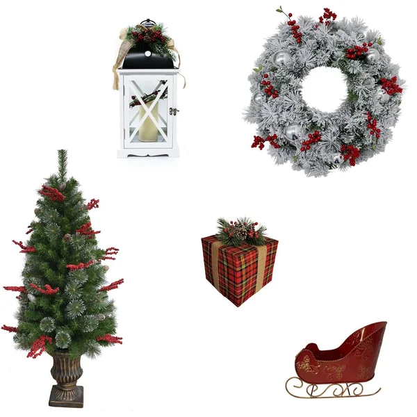 Fraser Hill Farm Tartan Christmas 5-Piece Decorating Kit: Frosted Wreath, Lightly Frosted Tree, Pre-Lit Lantern, Sleigh, and Gif