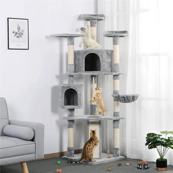 Yaheetech 79-in Plush Cat Tree & Condo, Light Gray