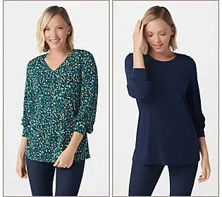 Susan Graver Set of 2 Print and Solid Liquid Knit Tops - Size Small, Teal/Navy
