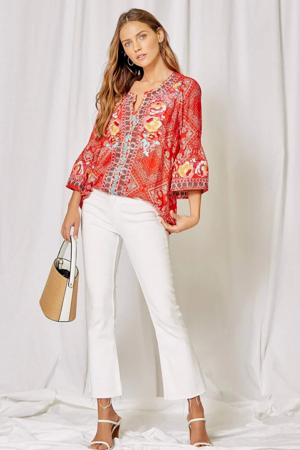Red Bandana Bell Sleeve Top Small-3X 3X