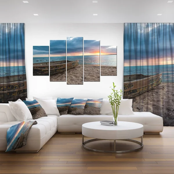 Design Art Rusty Row Boat on Sand at Sunset 5 Piece Photographic Print on Wrapped Canvas Set - Brown
