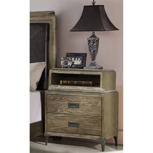 Wooden Nightstand in Weathered Oak with 2 DRW & Open Top Compartment - Natural - 2-Drawer