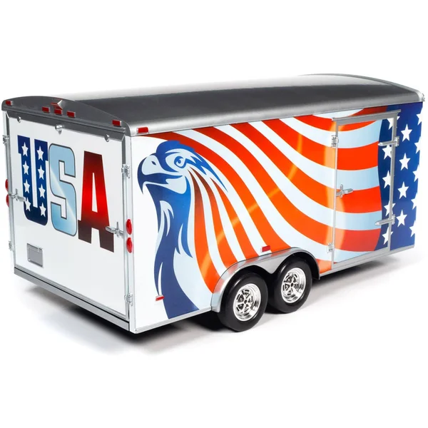 Four Wheel Enclosed Car Trailer with American Flag Graphics American Muscle 30th Anniversary for 1/18 Scale Model Cars by Autowo
