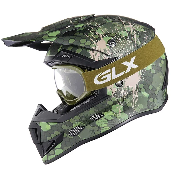 GLX Youth Kids Off Road Motocross ATV Dirt Bike Helmet Camouflage Green Dot Gloves Goggles S