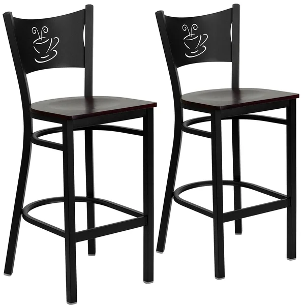 Flash Furniture 2 Pk. Hercules Series Black Coffee Back Metal Restaurant Barstool - Mahogany Wood Seat