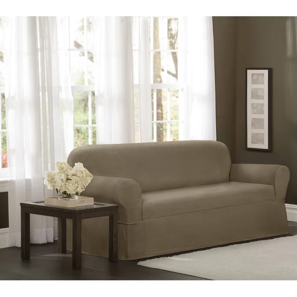 Maytex 4100142 1 Piece Torie Stretch Fabric Loveseat Slipcover Tan