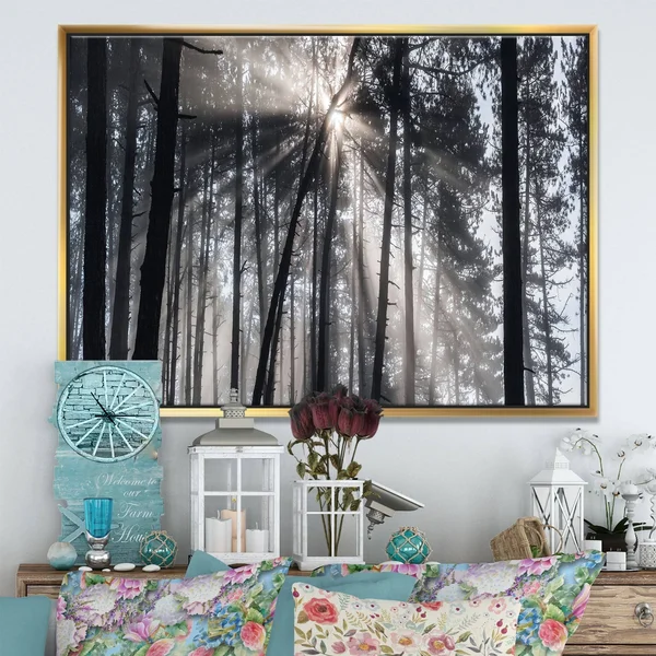 Designart Sunbeams Through Black White Forest- Forest Framed Canvas Wall Art Print in Gold - FL9987-46-36-GD
