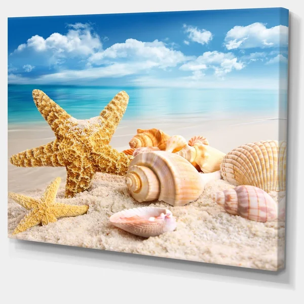 Designart &Starfish and Seashells on Beach& 4 Piece Graphic Art on Wrapped Canvas Set