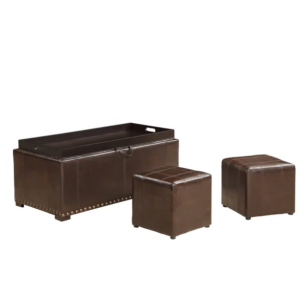 AC Pacific Leather Nailhead Storage Ottoman Bench Cube Set - Brown