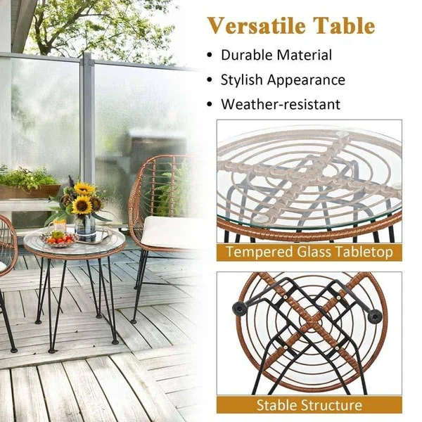 3 Pcs Patio Rattan Bistro Set with Cushion-White