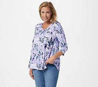 Denim & Co. Printed V-Neck 3/4 Sleeve Swing Top - Size X-Large, Lilac