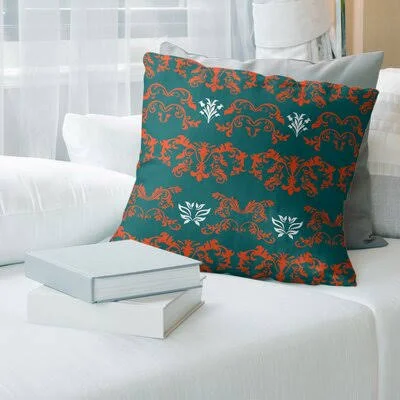 Miami Throwback Football Baroque Square Pillow Cover East Urban Home Color: Dark Green/Orange/White, Size: 20x22 x 20