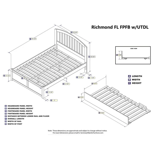Atlantic Furniture Richmond Grey Full Platform Bed with Flat Panel Foot Board and Twin Urban Trundle