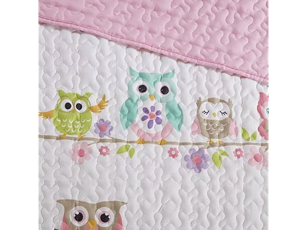 Comfort Spaces - Howdy Hoots Kids Bedspread Mini Quilt Set - 3 Piece - Pink White - Teens/Girls - Owl Print - Queen size, Includ