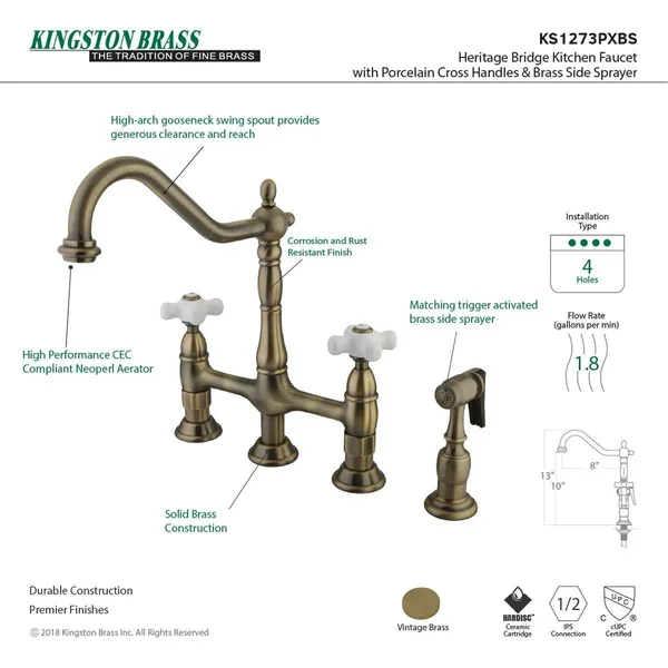 Kingston Brass KS1276PXBS Heritage Bridge Kitchen Faucet with Brass Sprayer, Polished Nickel