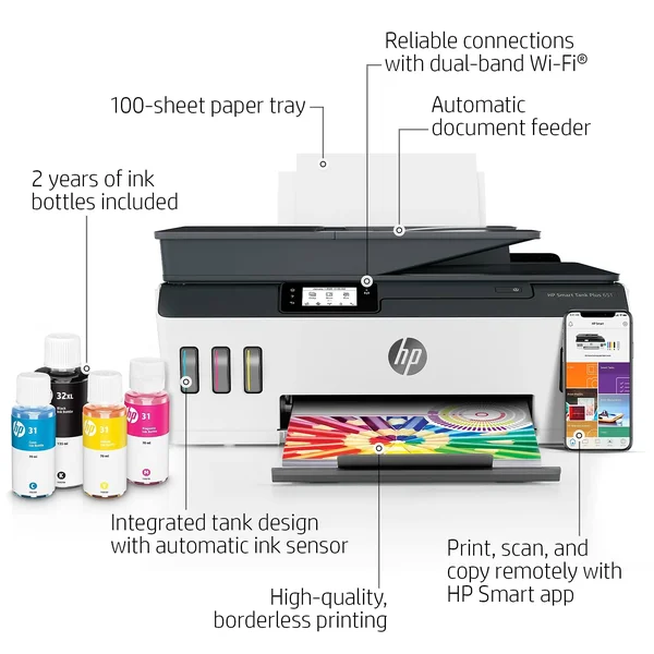 HP Smart Tank Plus 651 Wireless All-in-One Color Ink-jet - Multifunction printer - English - French, Spanish, Canada, United Sta