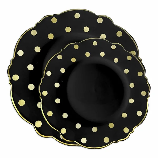 120 Dinner Plates + 120 Salad Plates, Black with Gold Dots Round Blossom Disposable Plastic Dinnerware Value Set