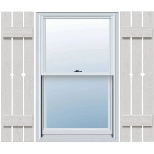 Ekena Millwork FBS06D17X080RUF 17 1/8x22W x 80x22H Rustic Three Board Spaced Board-n-Batten Faux Wood Shutters w/Diamond Cut Out