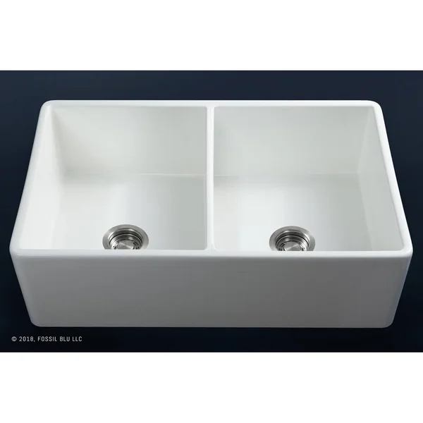 Fossil Blu Luxury 33 in. Ultra Fine Fireclay Modern Farmhouse Kitchen Sink in White, Double Bowl with Flat Front, Includes Drain