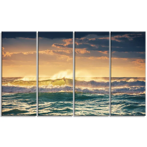Designart 'Sunrise and Shining Waves in Ocean' 4 Piece Wall Art on Wrapped Canvas Set