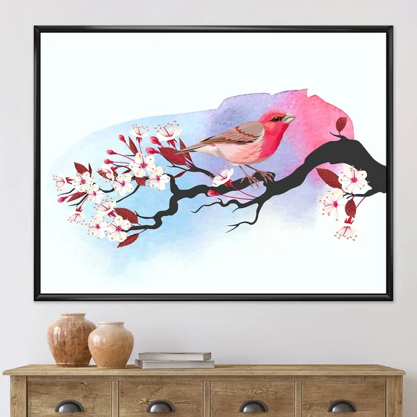 Designart 'Pink Bird on Cherry Branch' Traditional Framed Canvas Wall Art Print - 20 in. Wide x 12 in. High - White