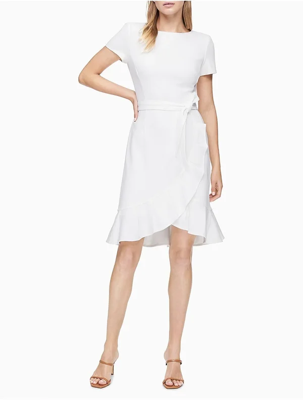 Calvin Klein Women's Ruffle Hem Belted Dress - Cream, 14