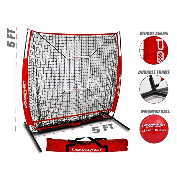 Powernet 5x5 Baseball Softball Practice Hitting Net Bundle (w/ Strike Zone + Training Ball) - Blue