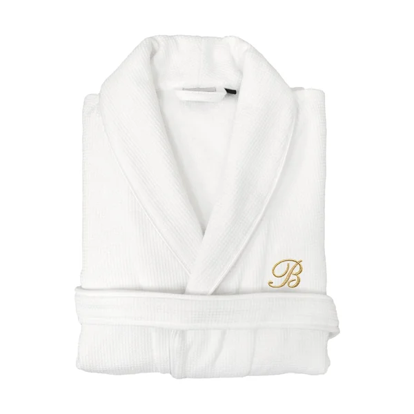 Authentic Hotel and Spa Unisex Gold Monogrammed Turkish Cotton Waffle Weave Terry Bath Robe - Small/Medium -N