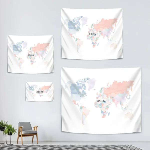 Americanflat - Watercolor World Map by Elena David - 88x22x104x22 Wall Tapestry