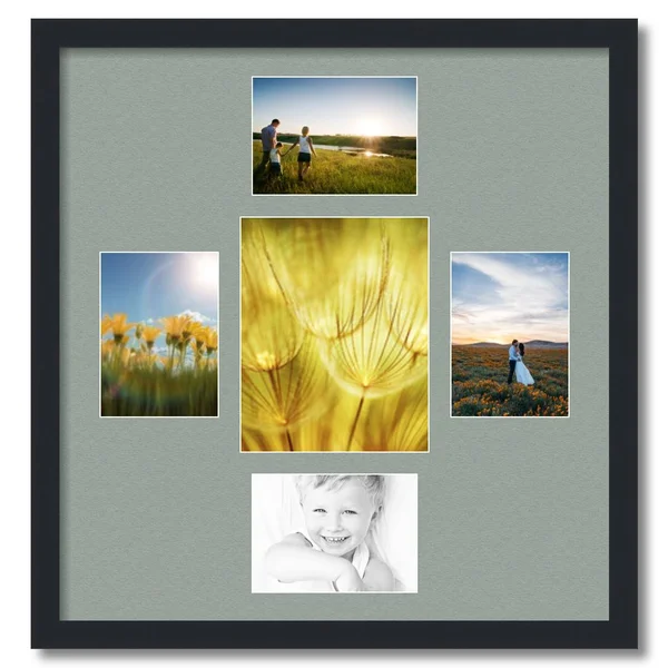 Collage Picture Frame, Satin Black Frame with 5 openings for 8x10 Photos with Grey Silverpine Mat. D3926GO327, ArtToFrames