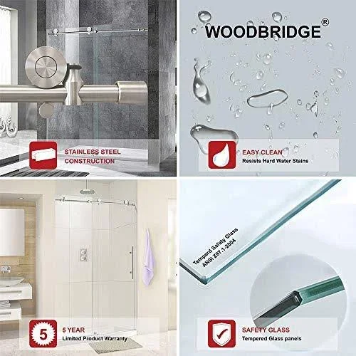 Woodbridge Frameless Sliding Shower DOOR, 56x22 - 60x22 Width, 76x22 Height, 3/8x22 (10 mm) Clear Tempered Glass, Brushed Nickel